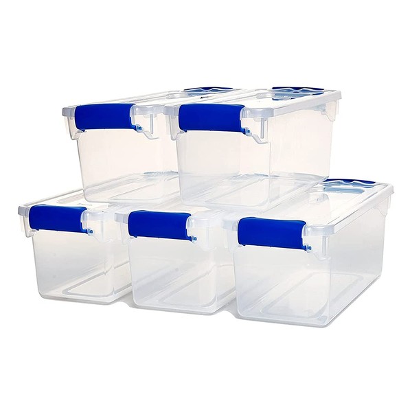HOMZ 7.5 Quart Clear Plastic Stackable Storage Container Tote with Secure Latching Lid for Home and Office Organization, 5 Pack