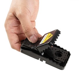 Restaurantware Pest Tek 4.4 x 1.9 x 2.2 Inch T-Rex Traps 6 Durable Commercial Rat Traps - Interlocking Teeth Sensitive Trigger Pedal Black ABS Mouse Traps With Bait Cup Reusable