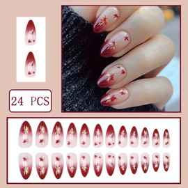 Autumn Press-On Nails Medium Almond False Nails Gold and Red Maple Leaf Pattern Red Gradient Gloss Autumn Full Coverage False Nails Women's Nail Art Decorations 24 pcs