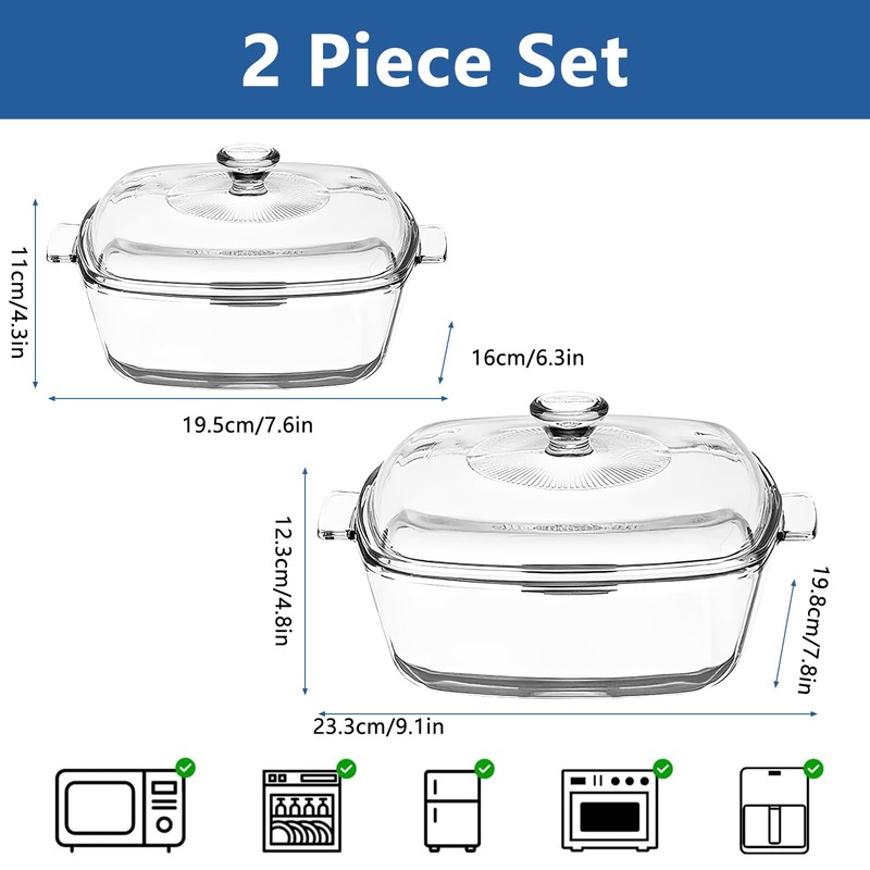 2 Pack Glass Casserole Dishes Clear Baking Casserole Dish Square