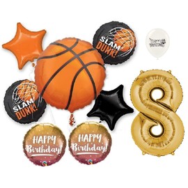Basketball Slam Dunk Happy Birthday Party Bouquet of Balloons (Gold Number 8)