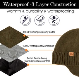 TOP-EX XL/XXL 80% Merino Wool Waterproof Beanie for Men Women Ear Warmers Winter Fleece Lined Beanie Outdoor Skiing Hat Army Green M/L