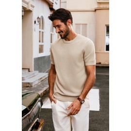 PJ PAUL JONES Men's Short-Sleeved Elegant Knitted T-Shirts with Crew Neck, apricot