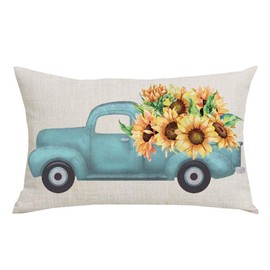 WENIANRU Blue Pickup Truck Yellow Sunflowers Summer Fall Y'all Autumn Home Sofa Chair Bed Decoration Lumbar Pillowcase Cotton Linen Decorative Throw Pillow Cover Case Rectangular 12 x 20 Inches