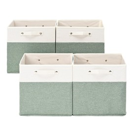 13 x 13 Inch Fine Linen Storage Bins with Handles，Fabric Cube Boxs，Collapsible Basket Organizers for Shelves for Home, Closet Drawers (White/Green-4 Pack )