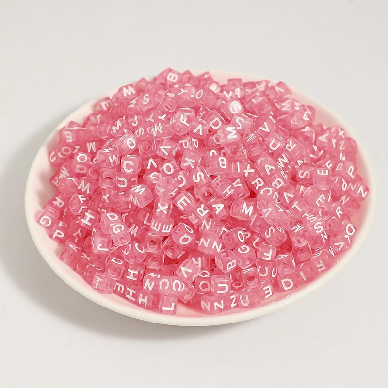 1200pcs 6×6mm Alphabet Beads Transparent Pink Cube Acrylic White Letter