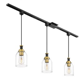 zeyu 3-Light H-Type Track Lighting Pendants, Modern Track Lighting Fixtures, Hanging Track Lighting for Kitchen Island, Clear Glass Shade, Black and Gold Finish, ZG33TP-3 BK+BG