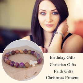 LINY Christian Gifts for Women Natural Stone Beaded Cross Bracelet Religious Faith Gifts for Friend Sister Daughter Mom Grandma Christmas Birthday Gifts, Adjustable, Stone, natural stone