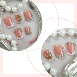 Square Press on Nails Short Fake Nails with Designs Stars Rhinestone Stick on Nail White French Acrylic False Nail Glossy Artificial Nail Full Cover Glue on Nails for Women 24Pcs