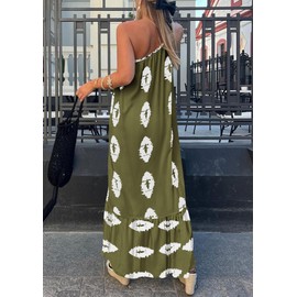 PRETTYGARDEN Women's Summer One Shoulder Maxi Dresses Printed Flowy Boho Beach Vacation Long Sundress (Army Green White Floral,Medium)