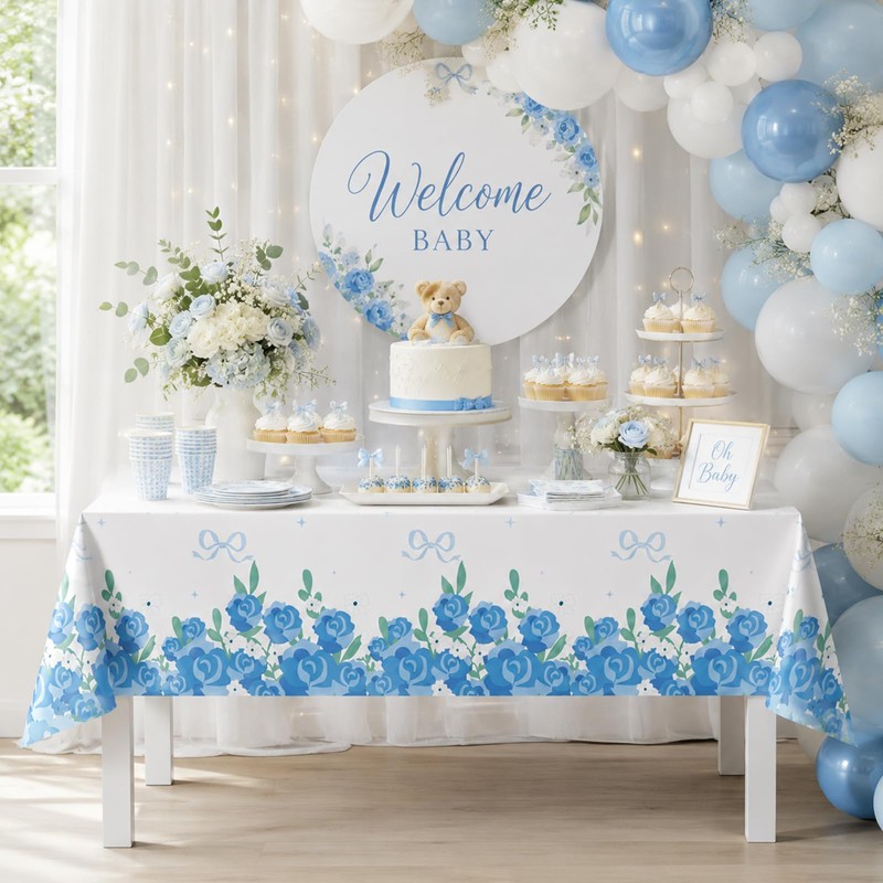 3 Pack Blue Floral Disposable Plastic Tablecloths, 54 x 108