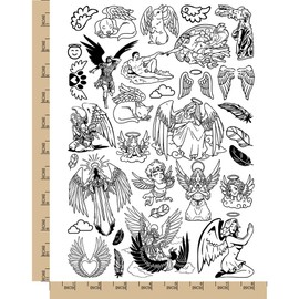 Angel Wings Feathers Cherubs Religious Temporary Tattoo Water Resistant Fake Body Art Set Collection - Black (One Sheet)