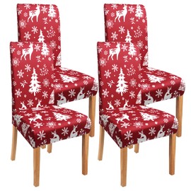 Red Christmas Chair Covers Set of 4,Winter Christmas Tree Snowflake Elk Chair Protectors,Elastic Removable Washable Dining Chair Covers for Winter Christmas Kitchen Dining Room Holiday Decor