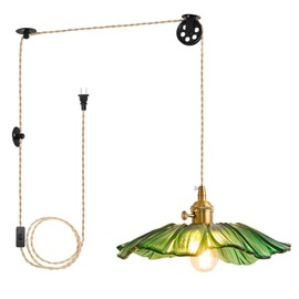 GloMuse Plug in Pendant Light Kitchen Island Glass Hanging Light Fixture Flower Light for Bedroom Kitchen Hallway Corded On/Off Switch Bathroom Green Sunflower