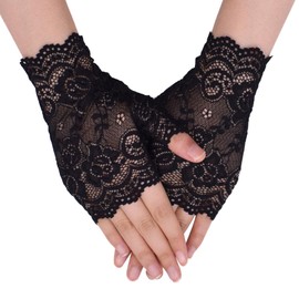 TeeYee Women's Lace Fingerless Gloves Half Finger Lace Gloves Mesh Lace Summer Gloves for Wedding Bride, Black-120 cm, Unit size