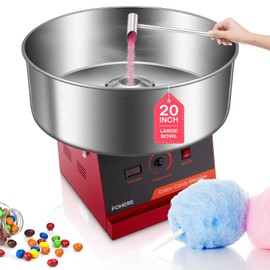 FOHERE Electric Cotton Candy Machine,1100W Commercial Floss Maker with 20 inch Stainless Steel Large Bowl and Sugar Scoop,Candy Floss Machine for Kids, Home, Party, Birthday,Gifts,Red