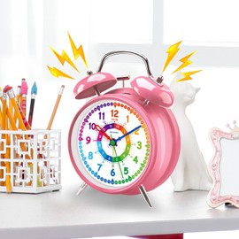 Peakeep Loud Analog Alarm Clock for Kids Learning Telling Time Teaching, 4.5" Twin Bell Alarm Clock Battery Operated for Heavy Sleepers Adults Teenagers Kids
