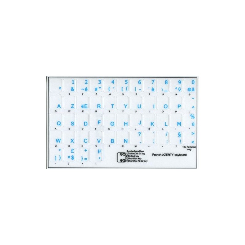 French AZERTY Keyboard Stickers with Blue Lettering ON Transparent (Clear)