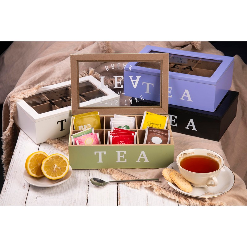Sibilla Tea and Herbal Tea Storage Box, 6 Compartments, Sage