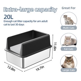 Stainless Steel Cat Litter Box with Lid,XL,19.7”L x 13.8”W x 11.8”H Deep,Metal Litter Box with High Side,for Small and Large Cats,with a Scoop and Scoop Storage Box Litter Mat Double,Easy Cleaning