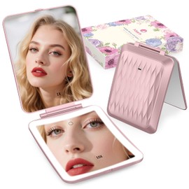 1X/10X Magnifying Makeup Mirror with 3 Colored Lights and Touch Control, 2700mAh Rechargeable LED Vanity Mirror for Home, Bathroom and Travel (Rose Pink, with LED Lights)