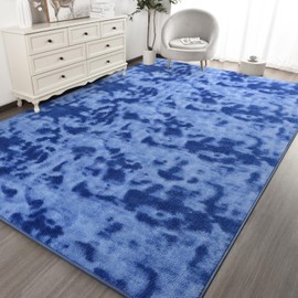 Kimicole 7x10 Washable Area Rugs for Living Room Bedroom, Large Low Pile Ulta-Thin Solid Color Rug, Non-Slip Soft Fluffy Carpet for Nursery Kids Room Dorm Room Home Decor (Blue)