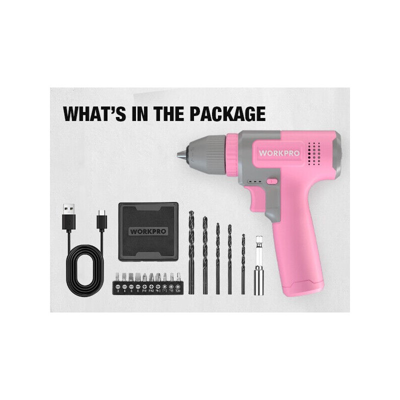 Workpro Pink Cordless 8V Drill Driver Set, 2Ah Electric w/3/8''