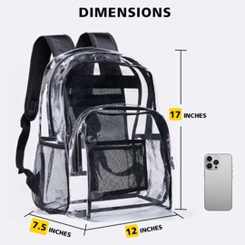 Vorspack Clear Backpack Heavy Duty PVC Transparent Backpack with Reinforced Strap Stitches & Large Capacity for College Workplace Security - Black