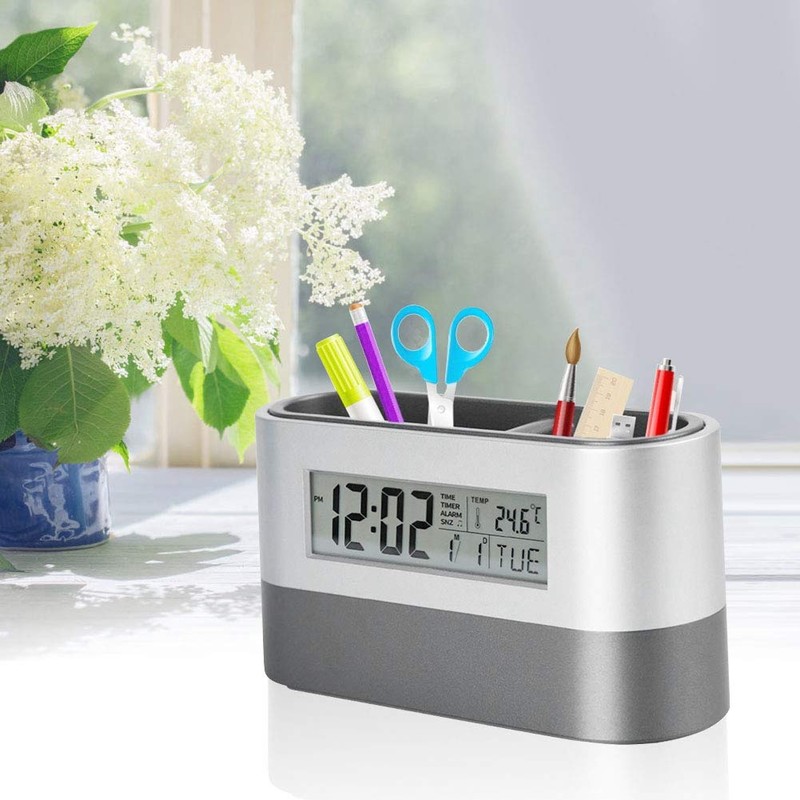 Tiiyee Pen Holder for Desk, Multi Functional LCD Digital Alarm