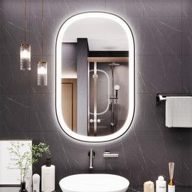 YIDABATH LED Mirror for Bathroom, 20x36 Inch Vanity Mirror with Lights，Anti-Fog Oval Bathroom Mirror, 3 Colors and Stepless Dimmable Wall Mounted Makeup Mirror with Metal Frame (Black)