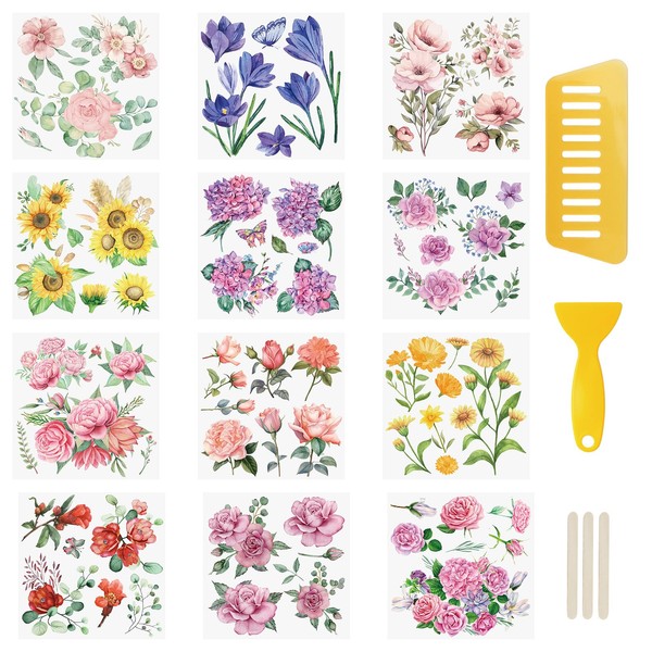 WANDIC 12 Sheets Rub On Transfer Stickers Flower Waterproof Decals