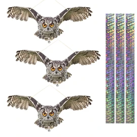 Lifreer 3PCS Bird Scare Hawk Fake Owl, Reflective Owl Hanging Decoration, Dual-Side Printed Raster Fake Hawk Eagle to Keep Birds Away from Patio Garden Windows Porch Tree