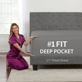 Deep Pocket Twin Fitted Sheet – 17” - 21” Inch + Extra Deep Pocket Fitted Sheet Only - 1 Fitted Bed Sheet with Deep Pockets for Pillow Top Mattress Soft Twin Size Fitted Sheets Grey