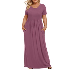 LONGYUAN Woman Plus Size Holiday Dress Casual Summer Short Sleeve Long Dresses with Pockets Purple Red, 2XL