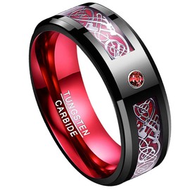 TUNGSTORY 8mm Mens Tungsten Rings - Celtic Dragon Wedding Band Carbon Fiber Rings Black and Red Ring with CZ Inlay Beveled Edges Comfort Fit Size 12