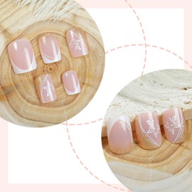 24 Pcs Pink Press on Nails Short Square,YIHONGYAN Fake Nails Press ons White French Nail Tips Acrylic Kit Glue on Nails Full Cover False Nails with Butterfly Glitter Design Stick on Nails for Woman