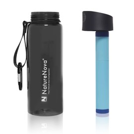 Naturenova Water Filter Bottle with 4-Stage Integrated Filter Straw BPA Free for Camping, Hiking, Backpacking, Emergency and Travel, Black 650ml