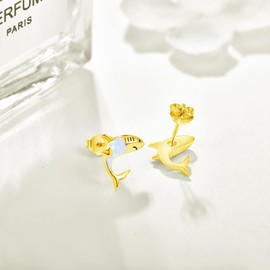 Shark Earrings for Women 925 Sterling Silver Opal Stud Earrings Cute Animal Earrings Shark Jewelry Gifts-Gold, Small, Sterling Silver, Opal