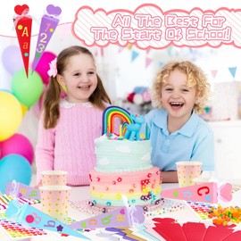 W Rxkiocs Pack of 32 School Cones Small School Cone Craft Set Mini School Cones for Filling Sugar Bag Small Siblings School Cone, Foldable Sugar Bag for First Day of School with Stickers Ribbon