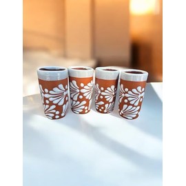 Set of 4 Mexican Pottery Shot Glasses | Hand-Painted Talavera Style | White Rim & Design | Perfect for Tequila & Mezcal