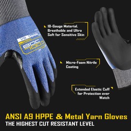 COOLJOB ANSI A9 Cut Resistant Work Gloves - 1/3 Pairs, Touchscreen Highest Knife Proof Level with Microfoam Nitrile Coated, Safety Work Gloves for Wood Carving, Glass Work, Construction, Blue Small
