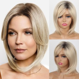 Aisaide Short Straight Blonde Layered Wig with Side Part Bangs for White Women,Synthetic Ombre Blonde Straight Bob Wig Short Layered Cut Fluffy Layered Natural Haircut Medinum Length Wig