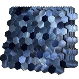XUANINY 5-Metal Peel and Stick Backsplash Tiles, Aluminum Mosaic Sticker for Kitchen Wall Decor Hexagon Design Frosted 3D Wall Sticker(11.02"x11.5") (Dark Blue)
