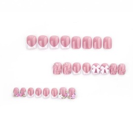 Pink Press on Nails Short Square Fake Nails with Flower Rhinestones desigsn Bow Charm 3D False Nails Glossy Full Cover French Tip Press ones Stick on Nails Cute Glue on Nails for Women Manicure24pcs