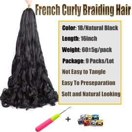 Viovian 9 Packs French Curls Braiding Hair 16 Inch Black French Curl Braiding Hair Pre Stretched Bouncy Loose Wavy Braiding Hair Spanish French Curly Braids Crochet Hair (16 inch,1B)