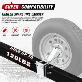 FIERYRED Trailer Spare Tire Mount with Lock, 120LBS Spare Tire Carrier for Utility Trailer and Boat, Tire Holder Bracket Fits 4 & 5 Lugs Wheels, Hold 3.94”, 4”, 4.25” and 4.72” Bolt Pattern