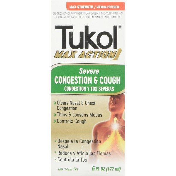 TUKOL Max Action Severe Cough Suppressant and Nasal Decongestant Multi-Symptom Cold Relief Syrup - Maximum Strength, Fast Acting Formula, 6 Fl Oz