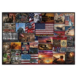 American Flag Patriotic Puzzles for Adults 1000 Pieces Art, Vintage USA Army Military Collage Jigsaw Puzzles, Bird Dog Owl Landscape Sunset Puzzle