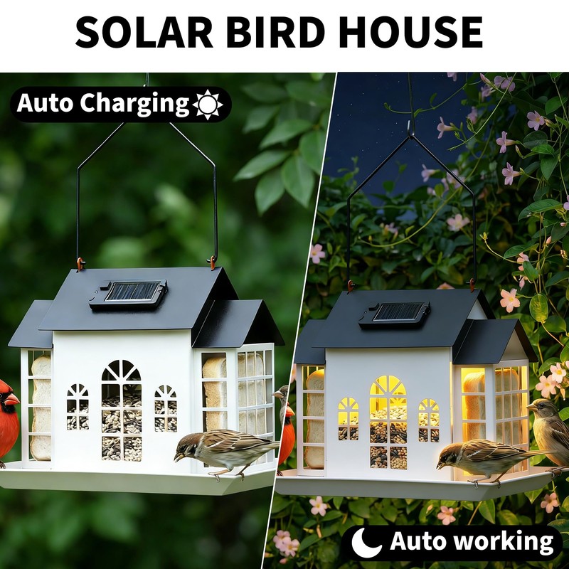 Solar Bird Feeder House for Outdoors, Metal Large Capacity 3-Compartment