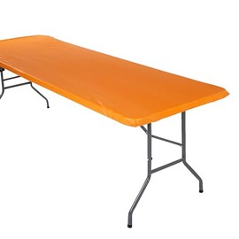 Fun Express Rectangle Fitted Plastic Tablecloth Orange, 6 Ft
